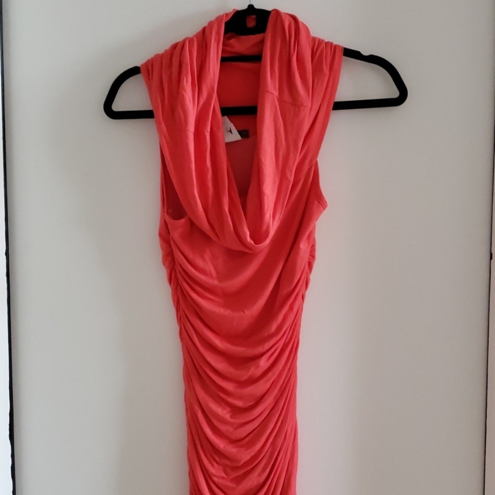 Scoop/slouch rouched coral mini dress